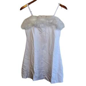 Size L – Sugar Thrills White Marabou Trim Strappy Mini Dress (NWT)